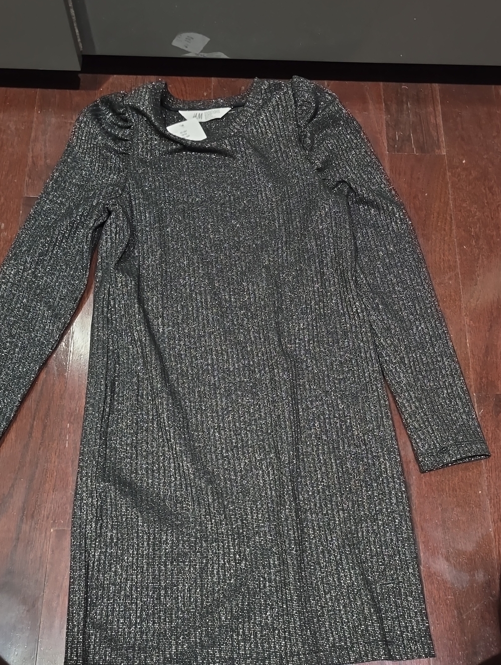 H&M Girls Black Metallic Ribbed Long-Sleeve Dress -New